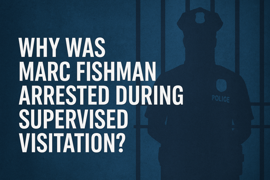 Text graphic asking 'Why was Marc Fishman arrested during supervised visitation?' with a dark blue background and a silhouette of a police officer.