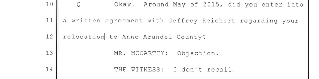 Transcript excerpt of a legal deposition discussing a written agreement regarding relocation to Anne Arundel County.