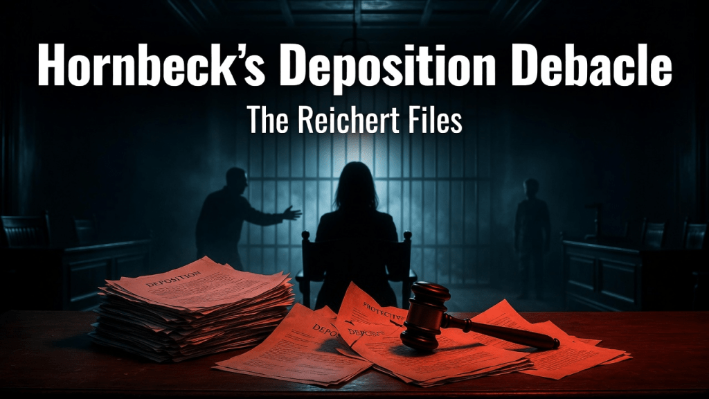A dramatic courtroom scene featuring the title 'Hornbeck’s Deposition Debacle' and subtitle 'The Reichert Files'. Piles of deposition documents are in the foreground, while shadowy figures are visible in the background, suggesting tension and intrigue.